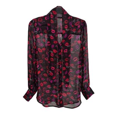 China Fashion Retro Lips Anti-pilling Flame Long Sleeve Blouse French Red Printing Shirts For Women for sale