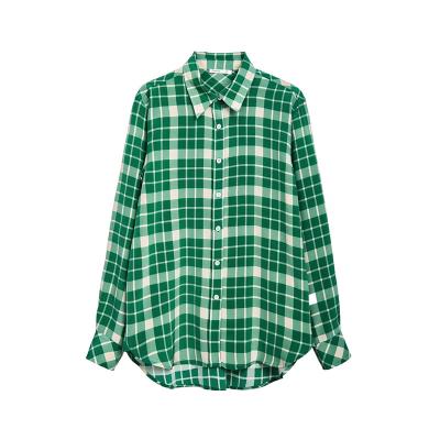 China Mulberry Silk Women's Plaid Anti-Pilling Printed Silk Tops Button Down Shirts Wholesale Long Sleeve Shirts for sale