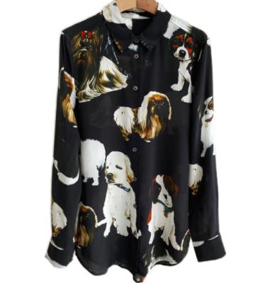 China Ladies Designer Anti-pilling Casual Loose Cute Dog Printed Elegant CDC Shirts Silk Blouses Long Sleeve Tops For Women for sale