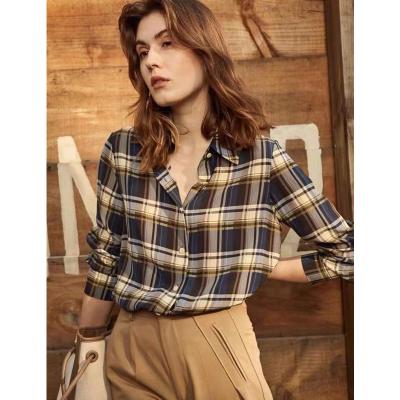 China High Quality QUICK DRY Pure Silk Blouse Women Tops For Work Office Long Sleeve Plaid Shirt for sale