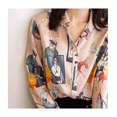 China Pure silk elegant casual women QUICK DRY abstract print fashion long sleeve silk women's blouses and shirts customs for sale