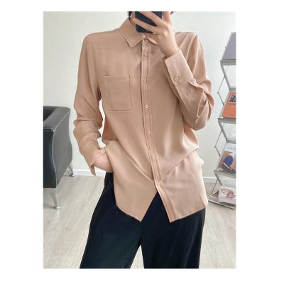 China QUICK DRY Plain White Pure Silk High Quality Blouses 100% Satin Tops Spring Autumn Women Long Sleeve Silk Tops for sale