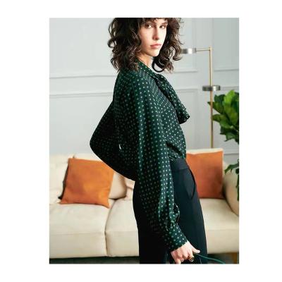 China New Fashion QUICK DRY Long Sleeve Dot Print Green Sheer Silk Shirts For Women Spring Blouse Autumn Tops Women Clothing for sale