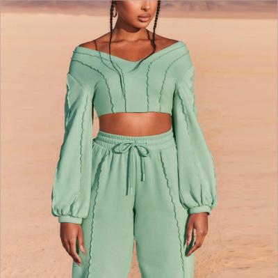 China 2021 Autumn New Arrival Breathable V-Neck Long Sleeve Crop Top Sweat Suit + 2 Piece Sweatshirt Jogger Pants Women Set for sale