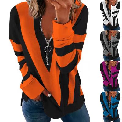 China GP-HZ179 Long Sleeve Zipper V-neck Stripe Printed T-shirt Fashion Woman Tops With Front Zipper Ladies Shirt S~5Xl for sale