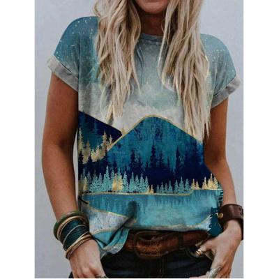 China Breathable GZ-YCX014 2021 Wholesale Summer Women Short Sleeve Round Neck Shirt Manufacturers Fashion Landscape Printed Ladies T-shirt for sale