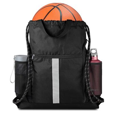 China Newest Fashinable Portable Drawstring Backpack Fleece Sports Gym Bag with Shoe Compartment and Two Water Bottle Holder for sale