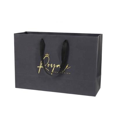 China Recyclable Custom Printed Your Own Logo Cardboard Gift Packaging Black Craft Paper Shopping Bag With Handles for sale