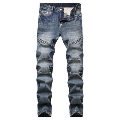 China Men's Denim Patchwork Zipper Breathable Patchwork Straight Fit Long Pants for sale