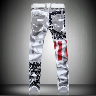 China Breathable Men's American Flag Printing White Jeans High Stretch Red Five-pointed Star Bar Casual Slim Plus Size Pants for sale