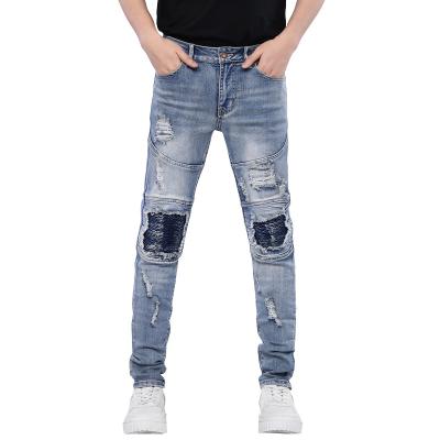 China Fashion Men's Breathable Biker Jeans Ripped Skinny Jeans Patch Micro-Stretch Fashionable Quilting Pants for sale