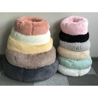 China Long Faux Fur Fabric Dog Bed Donut Super Soft Washable Round Comfortable Dog Bed Comfortable Pet Cushion Bed for sale