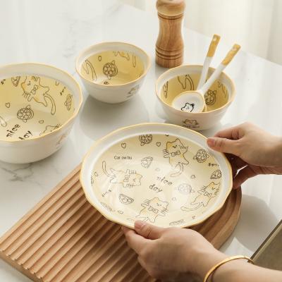 China New Internet Celebrity Viable Lemon Cat Cute Ceramic Bowl Dish 6 Pieces Set Creative Personality Household Tableware Combination Set for sale