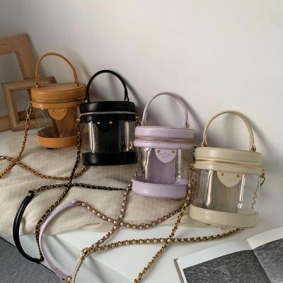 China Fashion Cute Design Clear Mini Jelly Purses With Quilted Chain PU PVC Splice Handbag Bucket Bag for sale