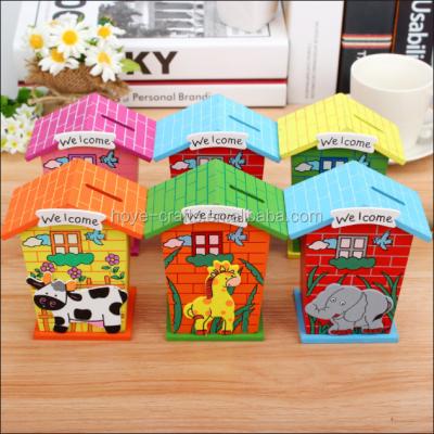 China Eat Money Piggy Bank Cute Wooden House Saving Piggy Bank Piggy Bank Animals Model Kids Christmas Gift Educational Toy for sale