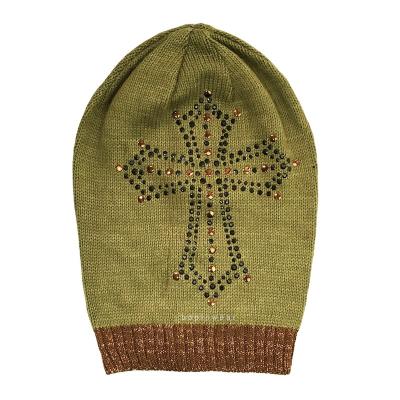 China COMMON Women Beanie Caps Big Cross Pearls Diamond Knitted Beanie Caps Knit Hats For Ladies Winter for sale