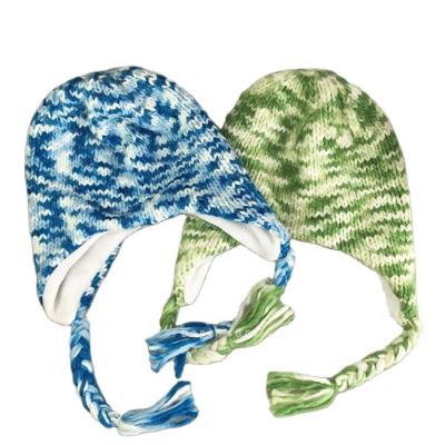 China Custom Logo COMMON 100% Beanie Knitted Braids Earflap Acrylic Beanie with Pompom for sale