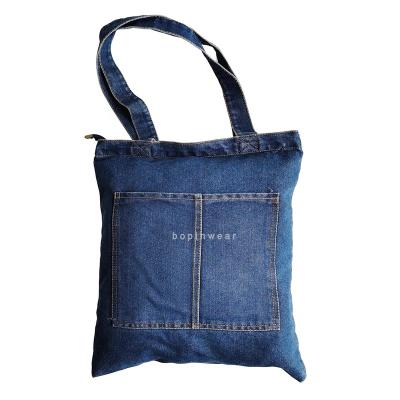 China Eco-friendly denim fabric cotton lattice shopping tote bag with cotton handles and metal button for sale