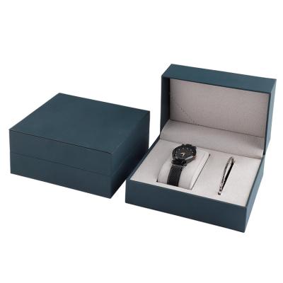 China Eco-friendly Custom Logo PU Leather High Quality Dark Blue Business Gift Bracelet And Watch Box for sale