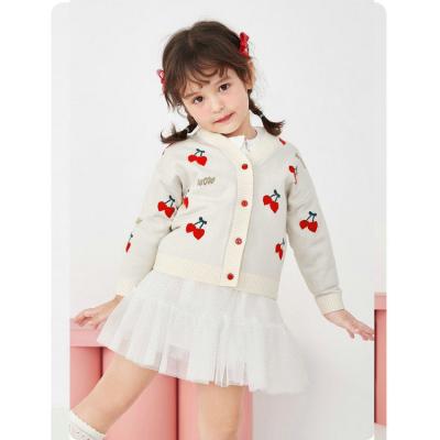 China Custom Girls Anti-Shrink Cherry Jacquard Kids Knit Straight Sweater Autumn And Spring Cartoon Cardigan for sale