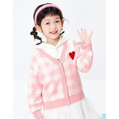 China Kids Girls V-Neck Plaid Anti-Shrink Custom Jacquard Knit Sweater Autumn And Spring Cartoon Straight Cardigan for sale