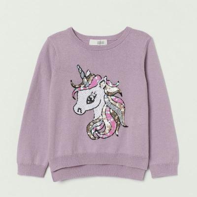 China OEM Kids Autumn Sweater Cartoon Unicorn Sequin Embroidery Girls Sweater Long Sleeve Knitwear for sale