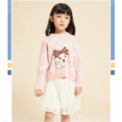 China JULU Casual Custom Girl Knitted Sweater Children Sweater Cartoon Avatar Jacquard Knitted Sweater Double Layer Lace Half Skirt Suit for sale