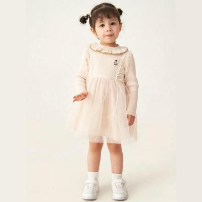 China JULU customization casual kids dress baby long sleeve lace mesh patchwork lotus leaf collar knitwear dress for sale