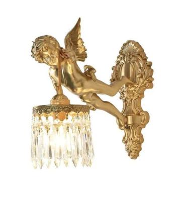 China Luxury Crystal Angel Wall Lamp Living Room Bedroom Study Corridor Wall Light European Antique American Retro Lamp for sale