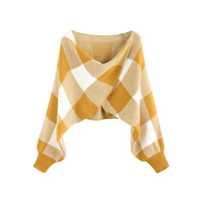 China ZAFUL Cowl Front Twisted Batwing Sleeve Anti-Shrink Plaid Sweater Shirt Women for sale