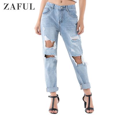 China ZAFUL Color Fade Proof Distressed Friend Denim Women Jeans for sale