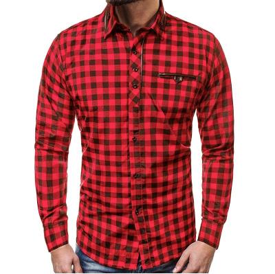 China Casual Pocket Faux Print Plaid Anti-Pilling Long Sleeve Shirt Men for sale