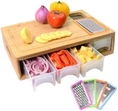 China Large Viable Wooden Bamboo Cutting Board Vegetable Cutting Plates with Graters and 4 Plastic Drawers for sale