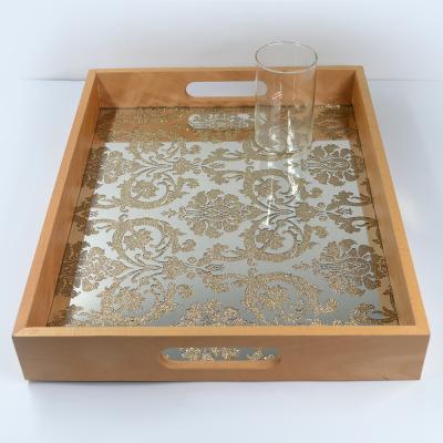 China Wooden Luxury Antique Gold Resin Vanity Square Serving Tray Cosmetic Glass Mirror Serving Tray For Wedding Decoration for sale