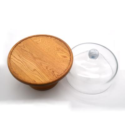 China Sustainable oak wood legs around wooden server cake stand with glass lid for sale