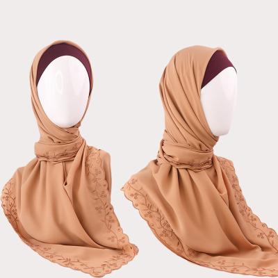 China Newest Women's Korean Embroidery Chiffon Sulam Shawl Premium Custom Made Muslim Embroidery Solid Color Hijab Scarf for sale