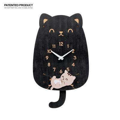 China Black Cat Shape Cartoon Black Cat Shape Children Clock Pendulum MDF Wall Clock Wholesale Wooden Children's Room for sale