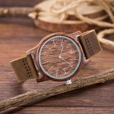 China Day/Date Wood Watches Nature Quartz Wooden Bamboo Wristwatch Men Genuine Leather Men Watches for sale