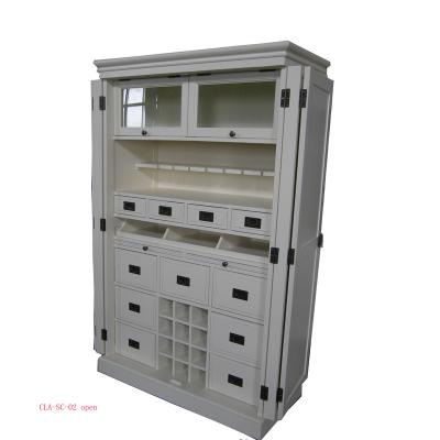 China PANEL Antique Distressed White Wood Storage Kitchen Pantry Cabinet Wine Storage Cabinets With Drawers for sale