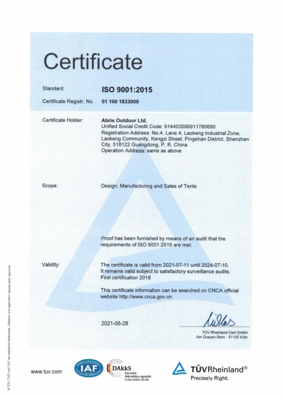 ISO9001 - Abris Outdoor Ltd.