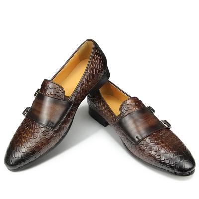 China Snake Print Wedding Party Breathable Genuine Leather Casual Dress Shoe For Male Monk Slip On Strap Loafers for sale