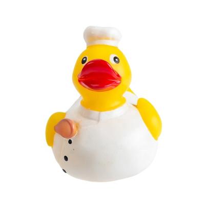 China Kitchen Promotional Chef's Bath Toy Hot Sell High Quality Weighted Floating Upright Duck Bath Toy Yellow Rubber Duck Gift for sale