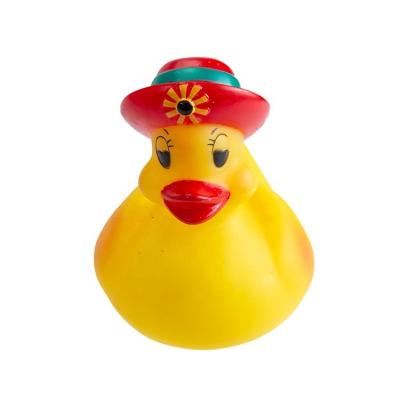 China Bath Toy Soft Eco-Friendly Material Farmer Rubber Duck Weighted Floating Upright Rubber Duck Bath Toy Yellow Rubber Tropical Duck for sale