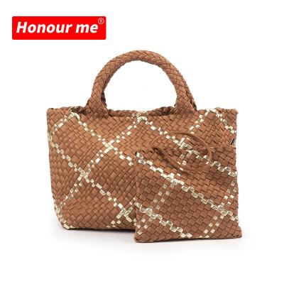 China Custom High Quality Fashion Tote Bag Neoprene Travel Hand Knitted Beach Woven Basket Woven Handbag for sale