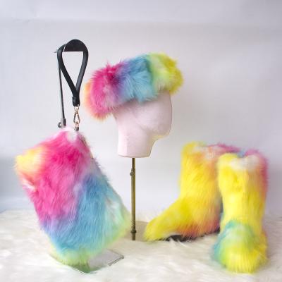 China Wholesale Colorful Match Headband Match Handbag Rainbow Fur Fashion Trend Multicolor Fox Boot Sets for sale