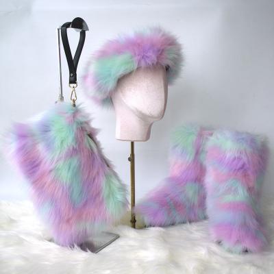 China Fashion Trend New Fashion Faux Fox Fur Rainbow Bags With Colorful Fur Headbands And Multicolor Fur Boots Sets for sale