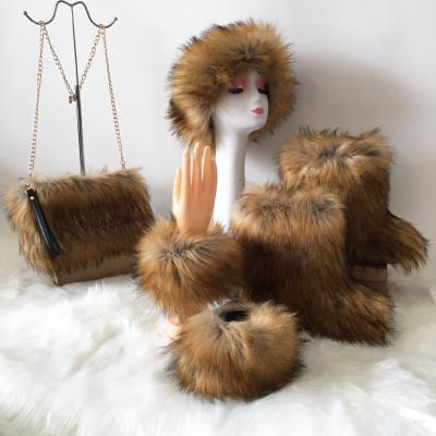 China Hot Selling Fashion Trend Winter Faux Fox Fur Rainbow Bags With Colorful Fur Headbands And Multicolor Fur Boots 4 Pcs Sets for sale