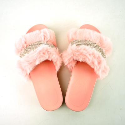 China Wholesale Fashionable Fitted Soft Slide Sandals Lit Fashion Fox Fur Custom Women Shape Big Bling Rhinestone Sandals Slides for sale