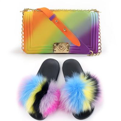 China Fashion Stylish Jelly Purses And Slides For Furry Colored Match Rainbow Women PVC Sandals Slipper Shoe Hairy for sale