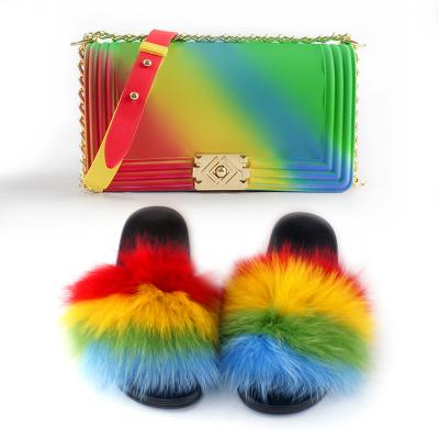 China Lady Women PU Handbag Clips Match Fox Fur Women's Slips Shoes Slippers Slippers Purse Bag High Quality Set for sale